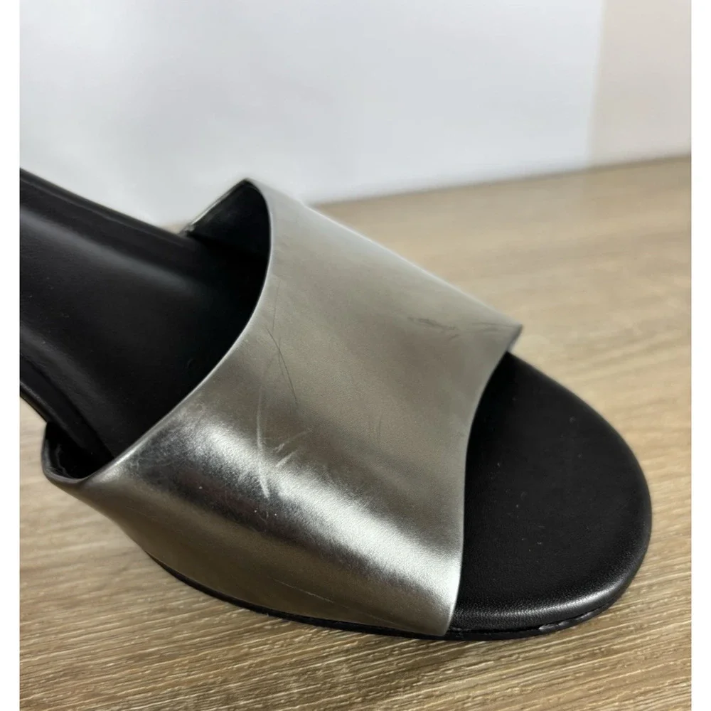 Eileen Fisher Vera Cuoio Leather Block Heel Sandals Pewter Black Womens 7.5